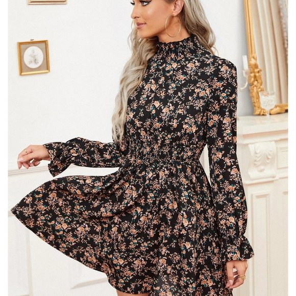 NEW! Floral Print Flounce Long Sleeve Shirred Waist Dress - Picture 2 of 4